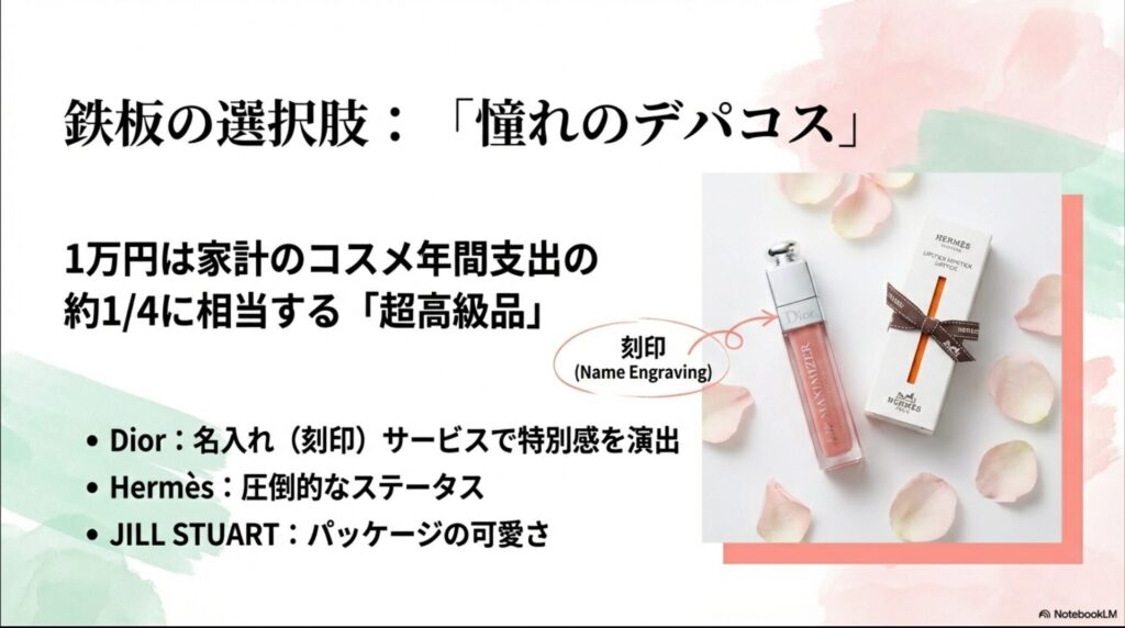 Dior(ディオール)の名入れリップ、Hermès(エルメス)のステータス、JILL STUART(ジルスチュアート)の可愛さなど、1万円で買えるデパコスの紹介。