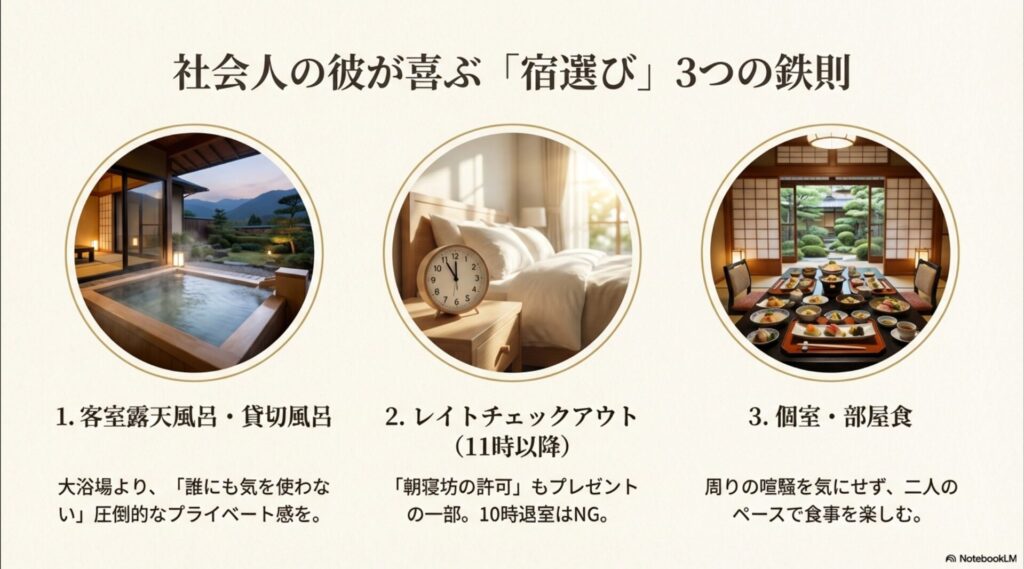 客室露天風呂、レイトチェックアウト、個室・部屋食という、プライベート感とリラックスを重視した3つの宿泊基準を示すスライド