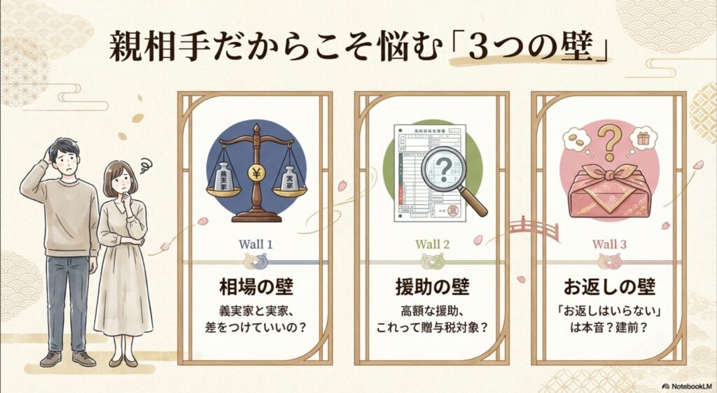 親子間の新築祝いで悩む「相場の壁」「援助の壁」のイラスト