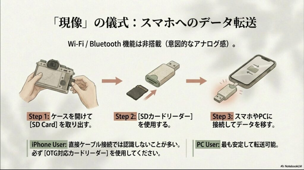 SDカードをカメラから取り出し、カードリーダーを使用してスマホやPCにデータを転送するまでの3ステップのイラスト。