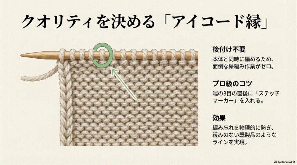 アイコード縁を美しく仕上げるためのステッチマーカーの活用位置