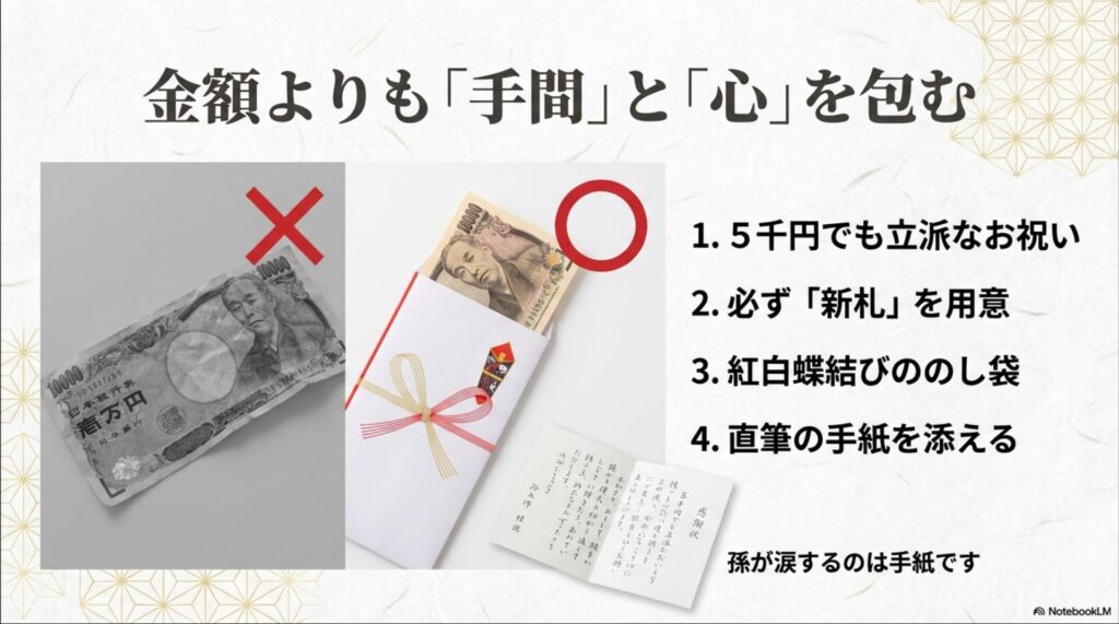 少額でも新札、のし袋、手紙を添えることで心を込める大切さを説明するスライド。