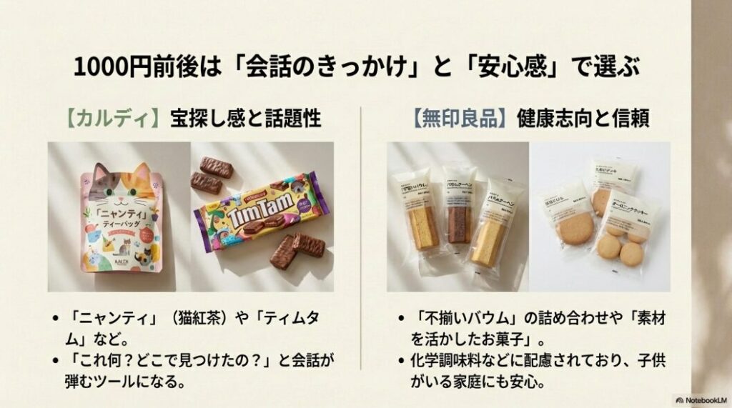 カルディの「ニャンティ」や「ティムタム」、無印良品の「不揃いバウム」など、話題性のある手土産のイメージ画像。