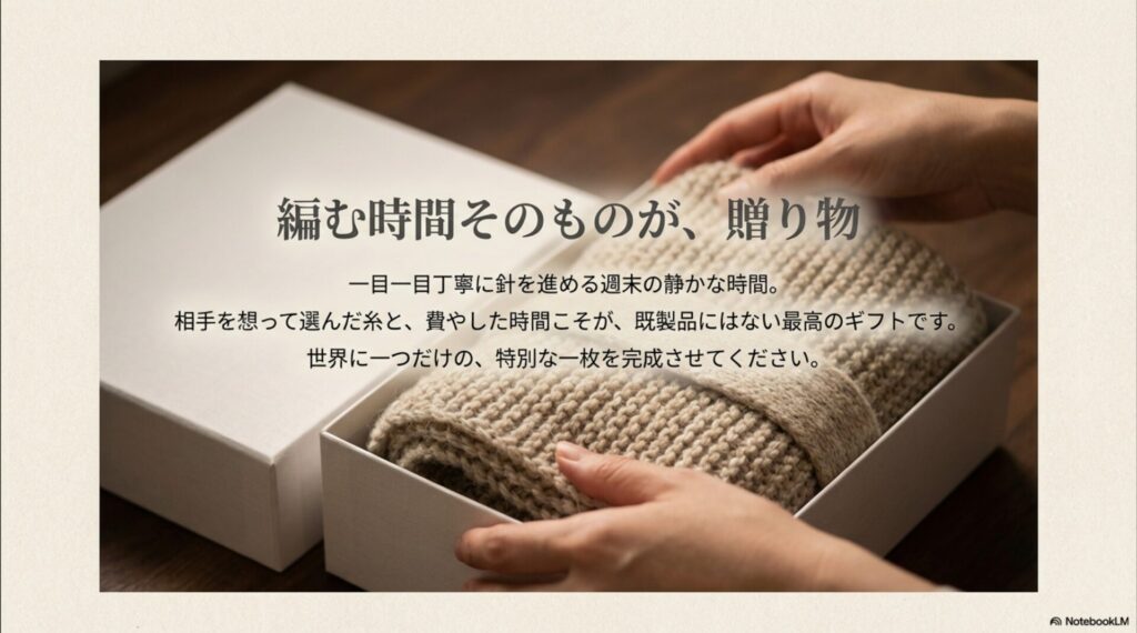 編む時間そのものが既製品にはない最高の贈り物になるというメッセージ