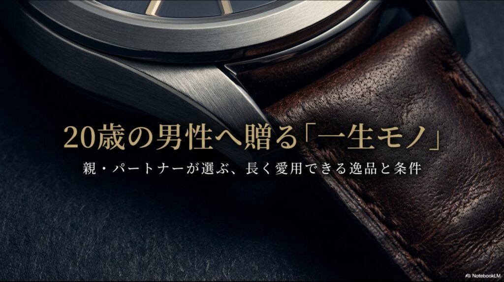 20歳の成人の節目に、親やパートナーから贈る長く愛用できる逸品の条件を解説するスライドの表紙。