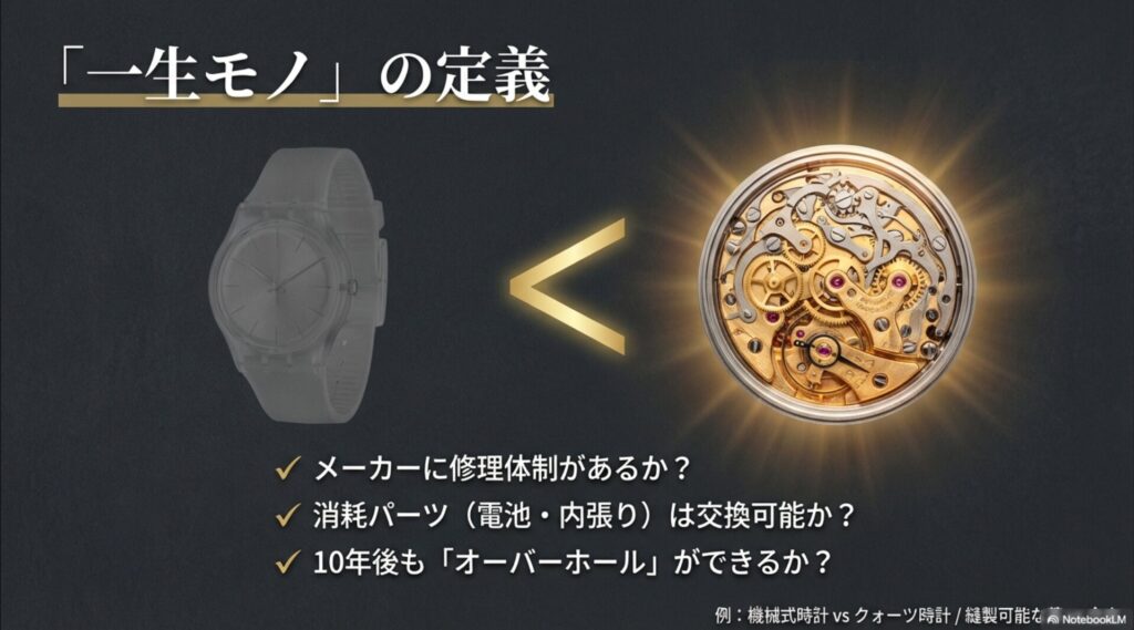 時計の内部機構の画像。メーカーの修理体制、消耗パーツの交換可否、10年後のオーバーホールが可能かなどのチェックポイント。