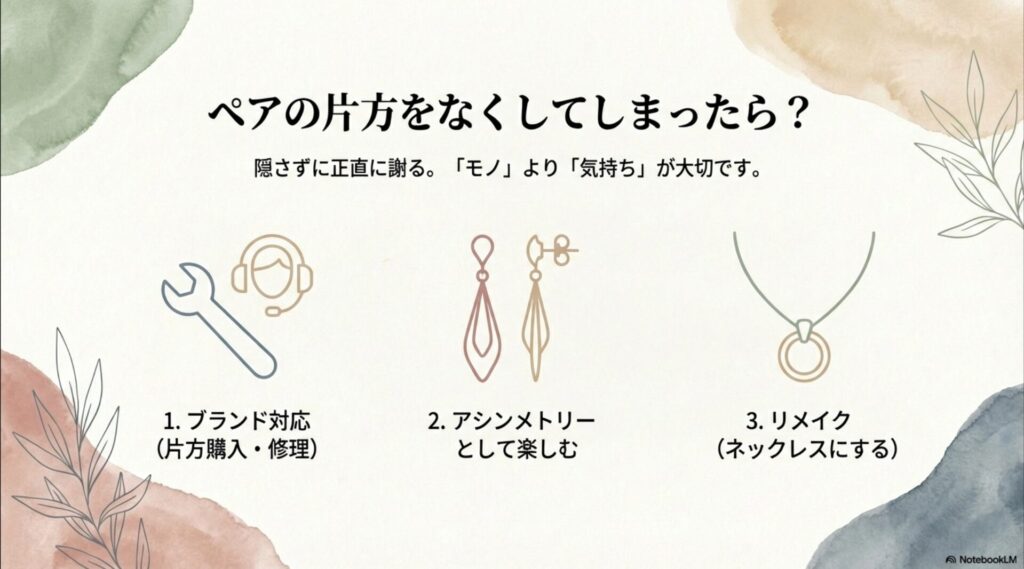 大切なアクセサリーを紛失した際の正直な謝り方と、修理・アシンメトリー・リメイクなどの具体的なリカバリー方法