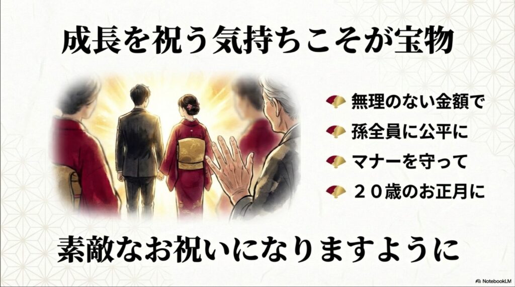 成人した孫の背中を見守る祖父母のイラストとともに、お祝いの要点を総括したスライド。