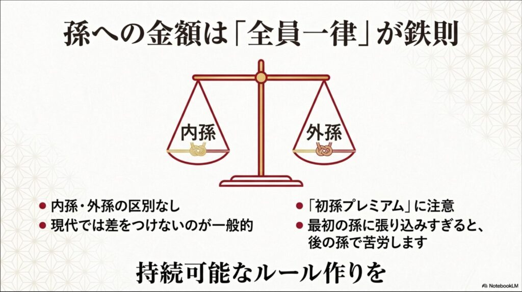 天秤のイラストで内孫と外孫の区別をせず、全員一律にすることを推奨する解説画像。