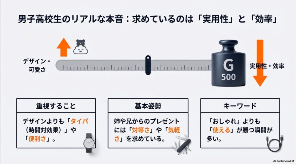 男子高校生のリアルな本音として「実用性」と「効率」を重視し、デザインよりもタイパや便利さを求めていることを示す図解。