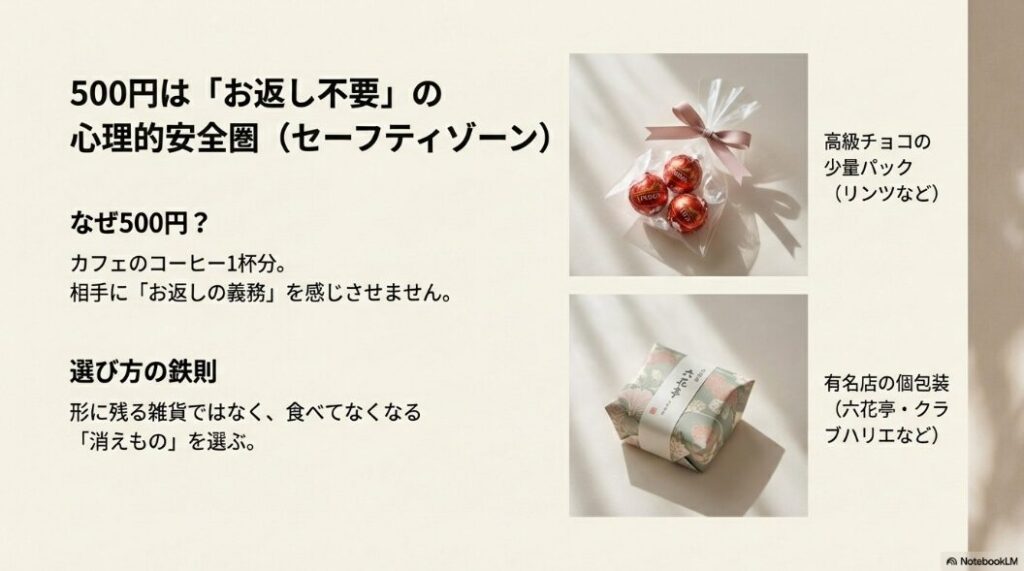 リンツのチョコのイメージ写真と、500円は「お返し不要」の心理的安全圏であることを説明するテキスト。