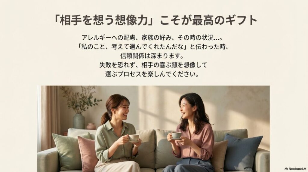 ママ友同士が楽しくお茶をしている写真と、「相手を想う想像力こそが最高のギフト」というまとめのメッセージ。