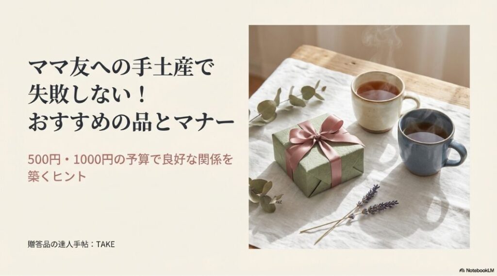 「ママ友への手土産で失敗しない！おすすめの品とマナー」というタイトルと、ギフト、ティーカップのイメージ写真。