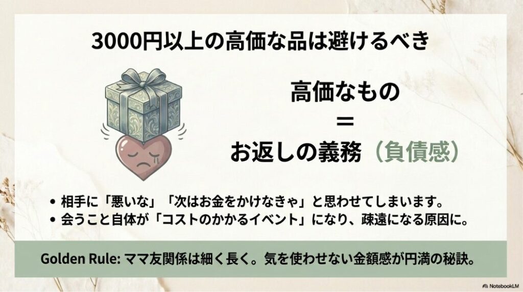 重すぎるギフトボックスがハートを圧迫しているイラストと、高価なものは「お返しの義務」を感じさせてしまうことへの注意喚起。