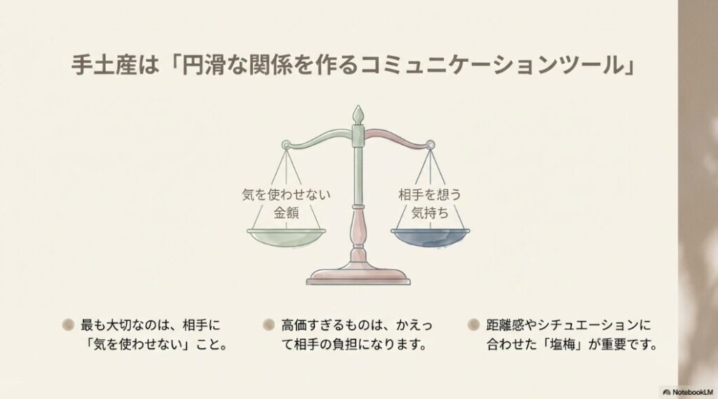 天秤の左皿に「気を使わせない金額」、右皿に「相手を想う気持ち」が乗った、手土産選びの「塩梅」を説明する図解。