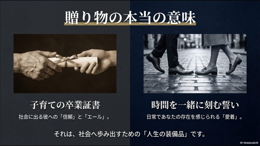 贈り物を手渡す様子と革靴の画像。「子育ての卒業証書」や社会へ歩み出すための「人生の装備品」という言葉を添えたスライド。