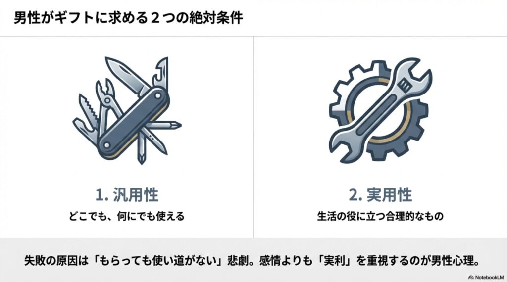 男性がギフトに求める汎用性と実用性の解説。感情より実利を重視する男性心理について。