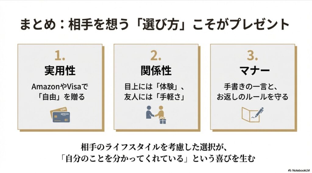 実用性、関係性、マナーの3つのポイント。相手のライフスタイルを考慮した選択が喜びを生むというまとめ。