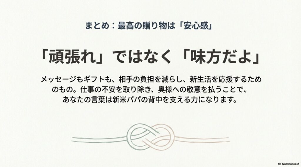 最高の贈り物は「安心感」であり、「頑張れ」ではなく「味方だよ」というメッセージが大切であることを伝えるまとめのスライド。