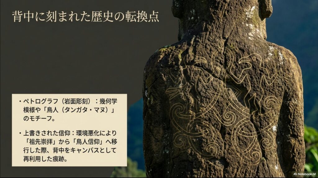 環境悪化に伴い祖先崇拝から鳥人信仰へ移行した際、モアイの背中に上書きされた幾何学模様や鳥人（タンガタ・マヌ）のモチーフ。