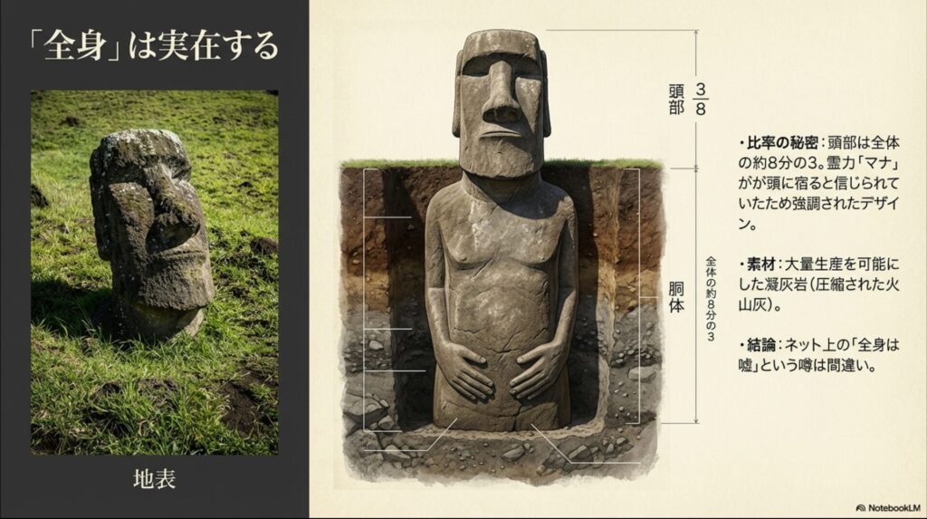 モアイの頭部が全体の約8分の3を占める比率の秘密や、霊力「マナ」の信仰、大量生産を可能にした凝灰岩について解説したイラスト。