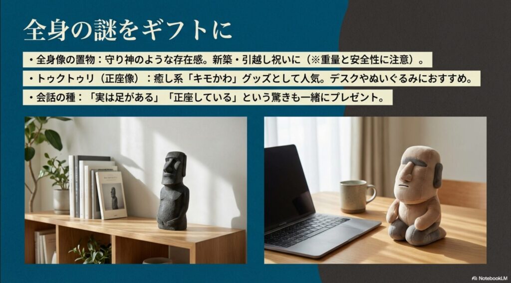 デスクに置かれた正座するモアイのぬいぐるみ。全身像の置物や正座像（トゥクトゥリ）が癒し系ギフトとして人気であることを紹介。