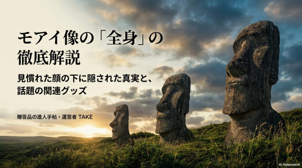モアイ像の全身の謎と関連グッズを徹底解説するプレゼンスライドの表紙。見慣れた顔の下に隠された真実を解き明かす内容。