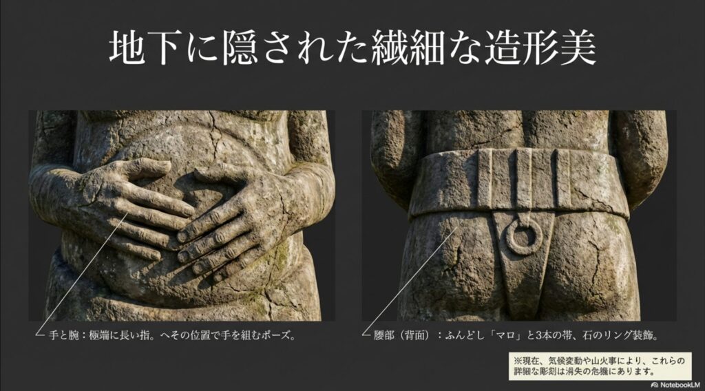 地下に隠されていた極端に長い指、へその位置で手を組むポーズ、背面にあるふんどし「マロ」と3本の帯、石のリング装飾のクローズアップ画像。