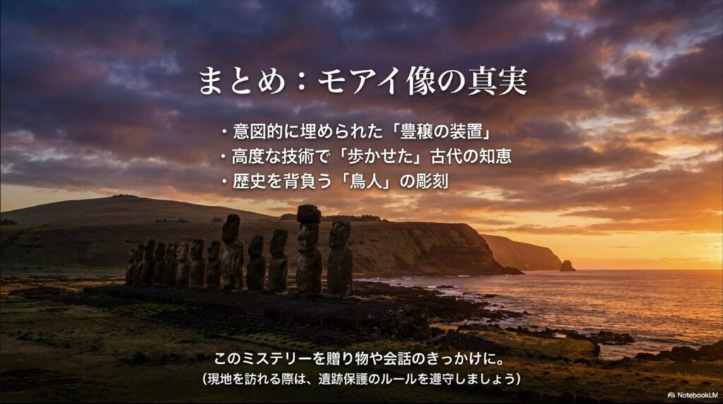 意図的に埋められた豊穣の装置、高度な歩行技術、歴史を背負う彫刻など、モアイ像の真実を総括したまとめ