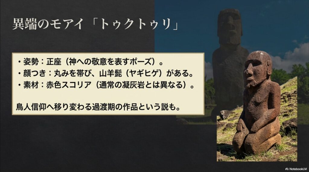 正座の姿勢（神への敬意）をとり、丸みを帯びた顔に山羊髭がある、赤色スコリア製の特別なモアイ像「トゥクトゥリ」の解説。