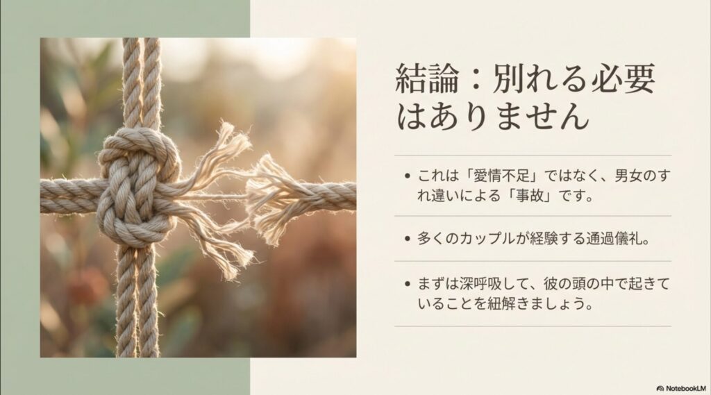 プレゼント忘れは愛情不足ではなく、男女のすれ違いによる「事故」であると伝えるスライド