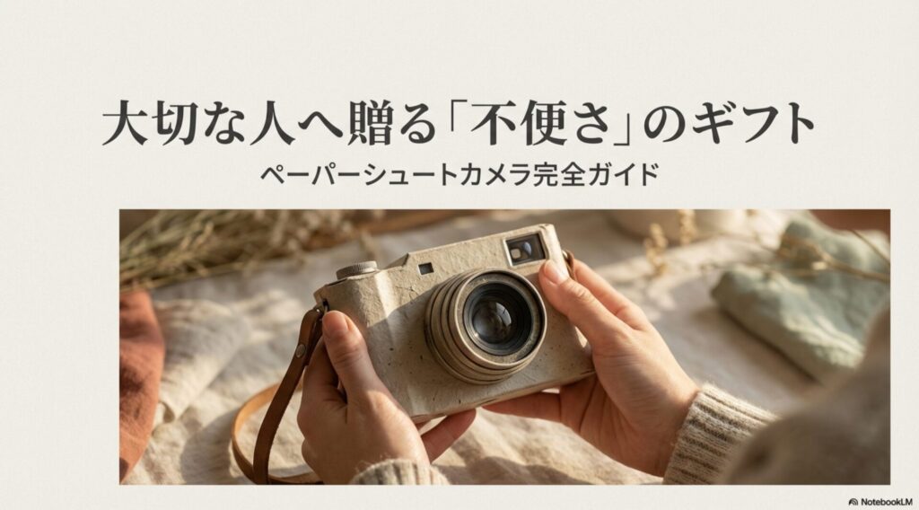 ベージュのストーンペーパー製ボディのペーパーシュートカメラを両手で持っている様子。