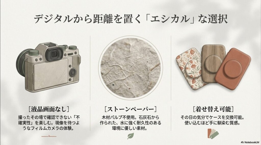 液晶画面のないカメラ背面図、ストーンペーパーの繊維の拡大図、および花柄や木目調の着せ替えケースのイラスト。