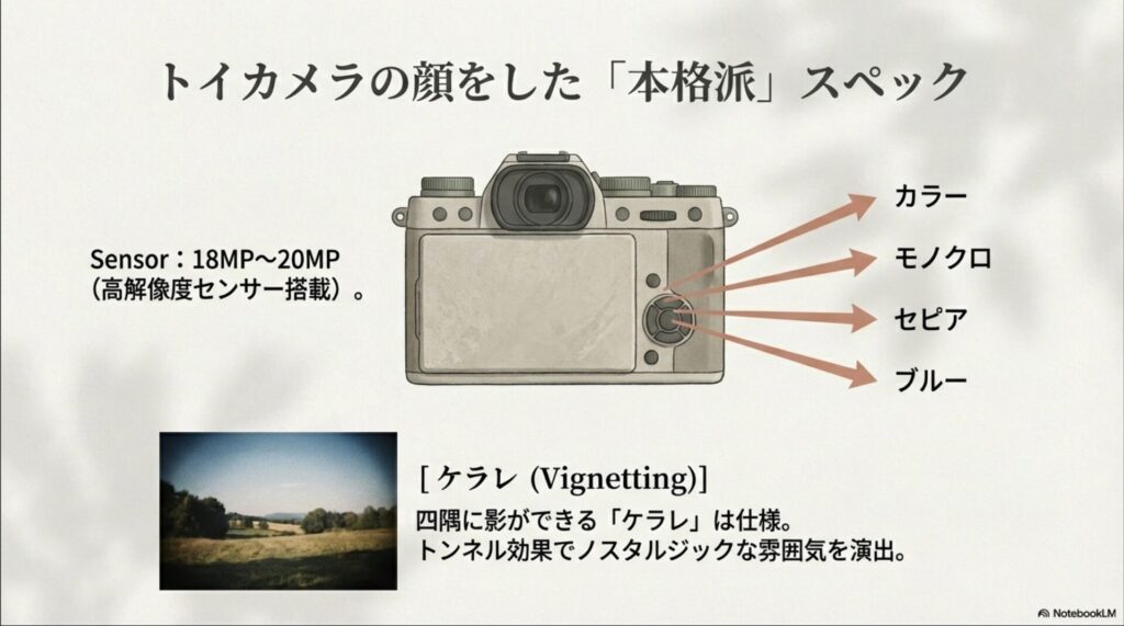 カメラ背面のスイッチによるカラー・モノクロ・セピア・ブルーの切り替え説明図と、ケラレのあるノスタルジックな風景写真の作例。