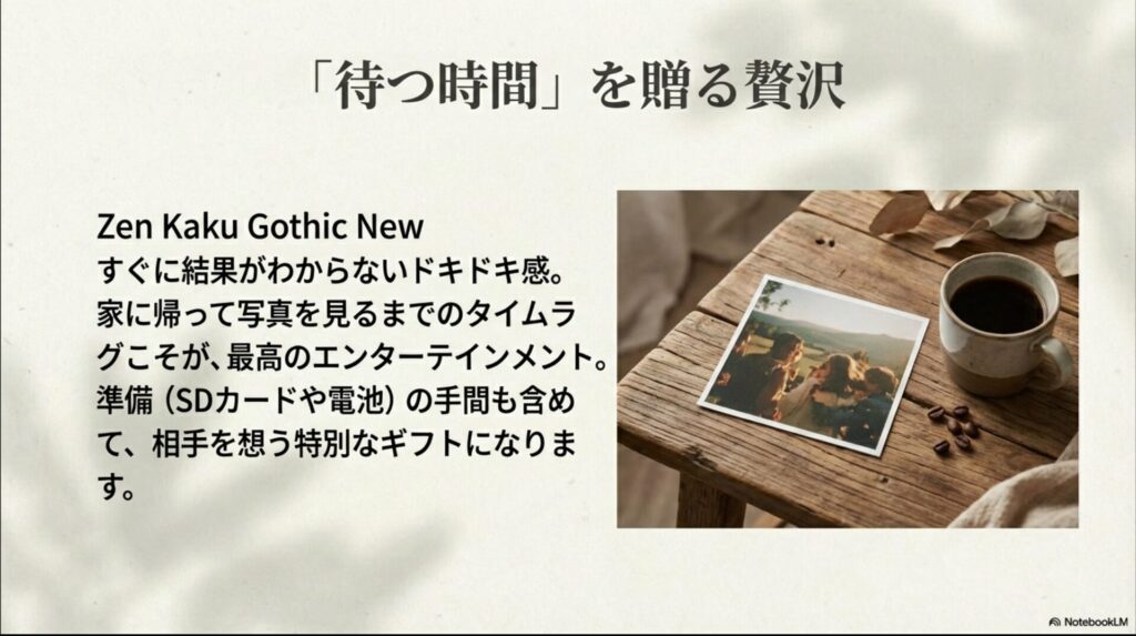 木製のテーブルの上に置かれたコーヒーと、現像された風景写真のプリント。待つ時間の豊かさを表現したイメージ。