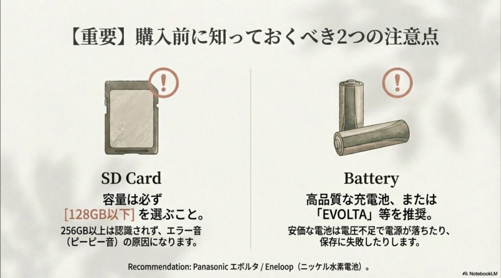 128GB以下のSDカードと、高品質な充電池(エボルタ等)の使用を推奨するイラストと警告マーク。