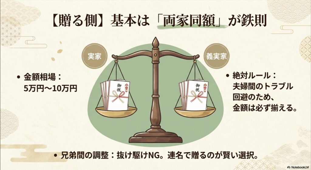 実家と義実家への新築祝いの金額を天秤で均等に測っているイラスト
