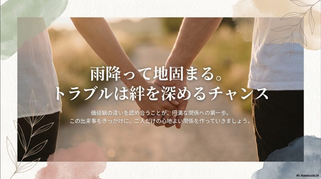 価値観の違いを認め合い、トラブルをきっかけに二人だけの心地よい関係を作っていくことを推奨するまとめのスライド