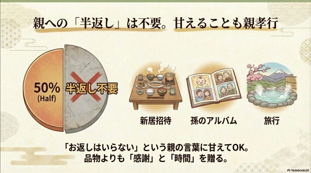半返しは不要という図と、温泉旅行や孫のアルバムなど体験を贈るイメージ