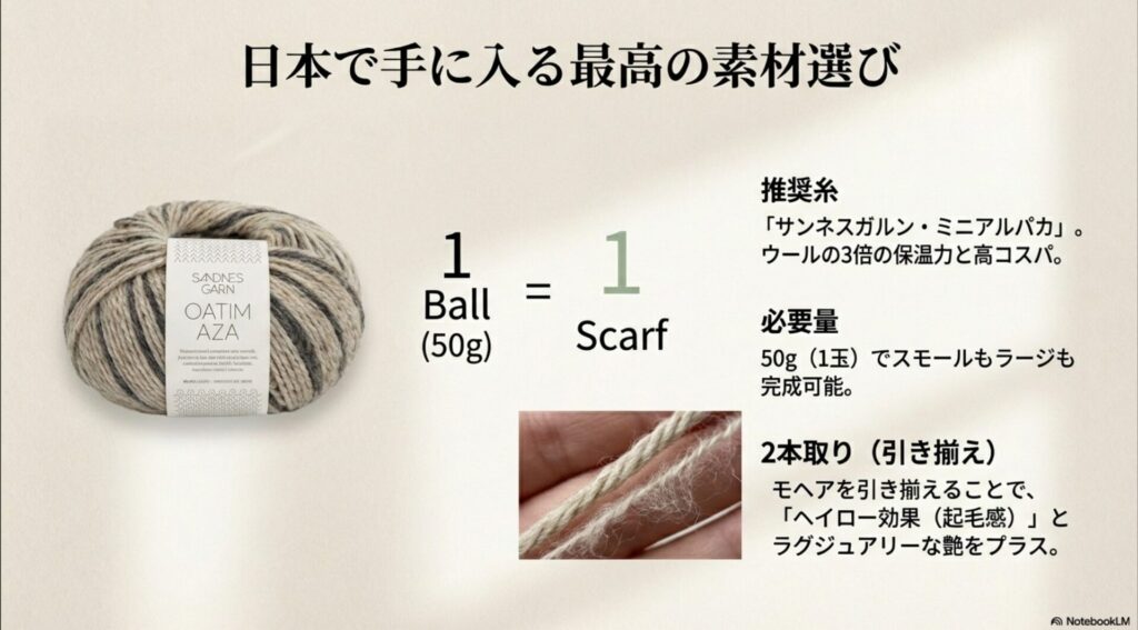 推奨糸のサンネスガルン・ミニアルパカとモヘアを引き揃えた毛糸の質感比較