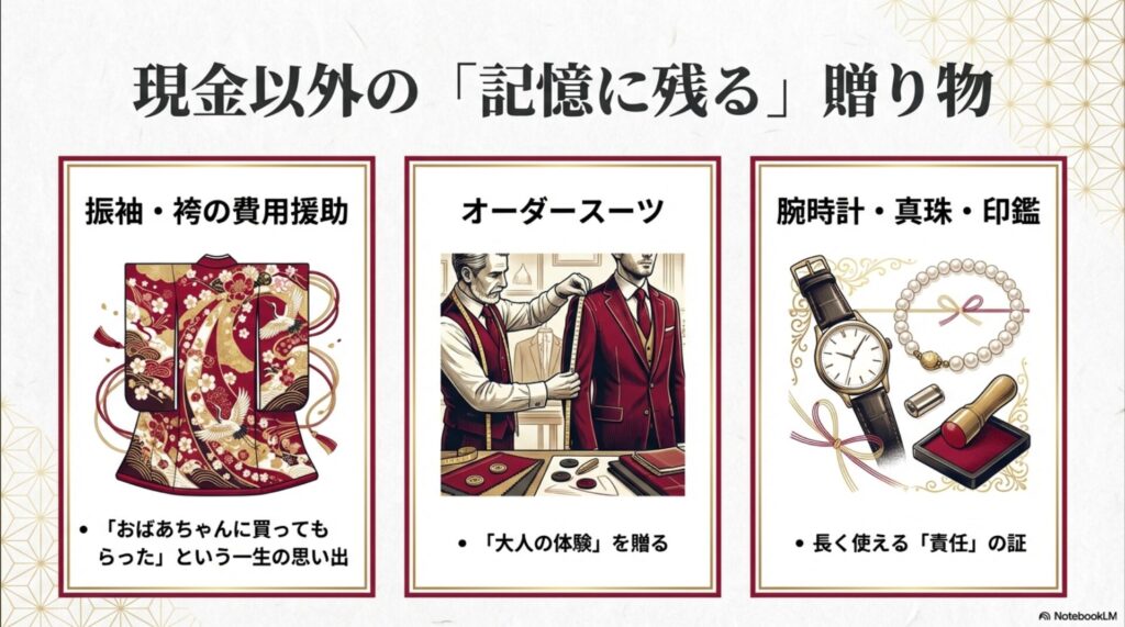 振袖、オーダースーツ、腕時計、真珠、印鑑など、一生の思い出に残る贈り物のイラスト。
