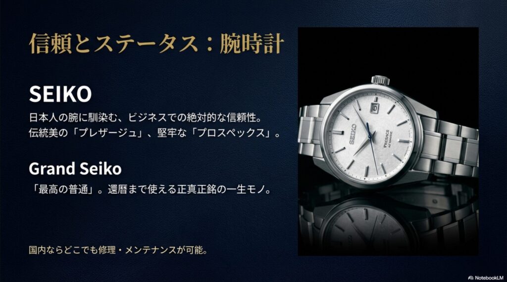 セイコーの腕時計の画像。ビジネスで信頼される「プレザージュ」や「プロスペックス」、還暦まで使える「グランドセイコー」の紹介。