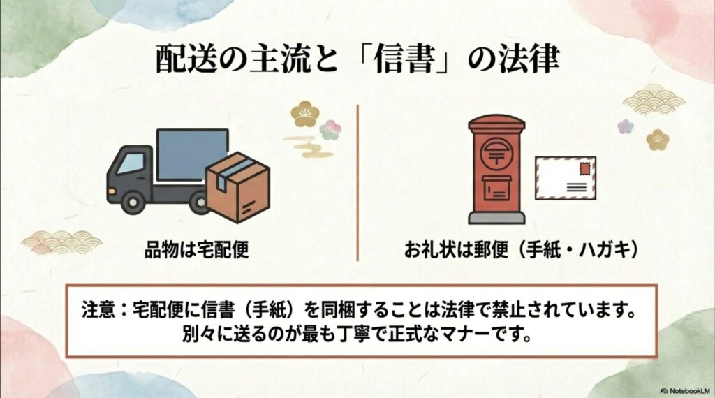 品物は宅配便、お礼状は郵便で別々に送るのが正式なマナーであることを、法律（信書）の観点から説明するイラスト。
