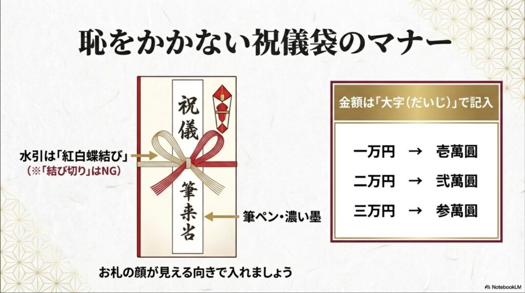 紅白蝶結びの水引、筆ペンでの表書き、大字(だいじ)での金額記入例を示した祝儀袋の見本画像。