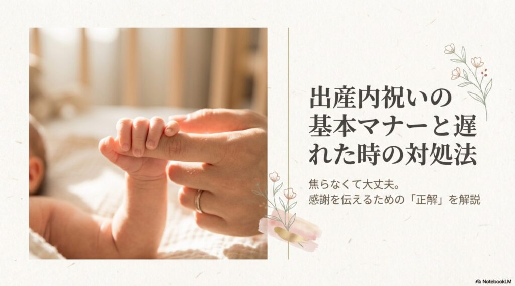出産内祝いの基本マナーと遅れた時の対処法について解説するスライドのタイトル画像。