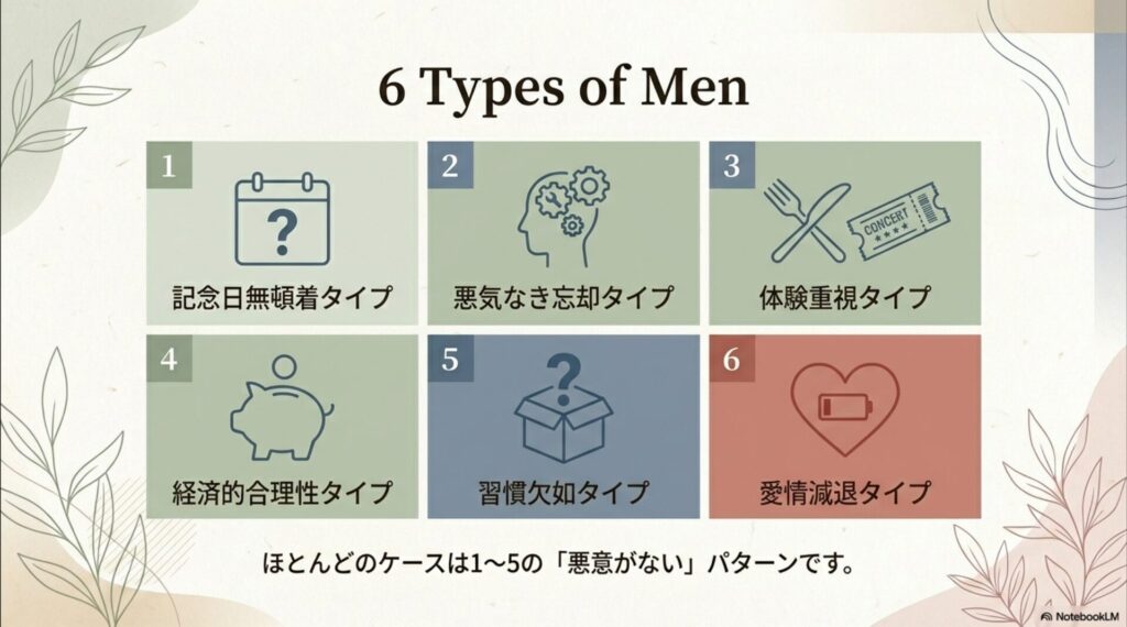 記念日にプレゼントを用意しない男性を、無頓着・忘却・体験重視・愛情減退など6つのパターンに分類したスライド