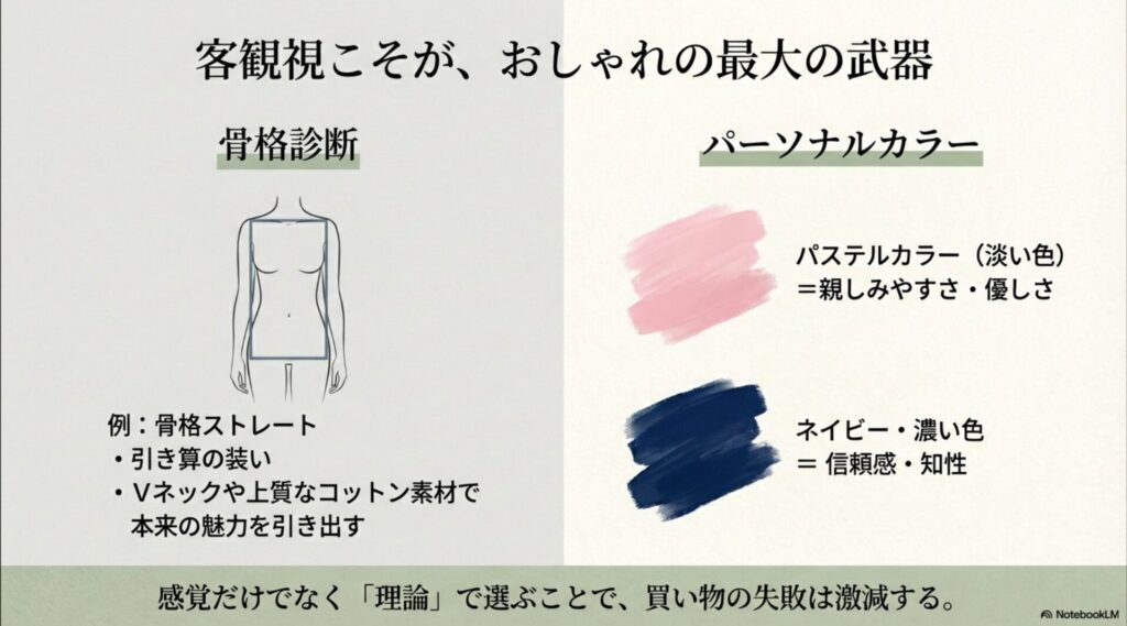 骨格診断とパーソナルカラーの重要性を示す図解。骨格ストレートはVネックや上質なコットン素材が似合うことや、パステルカラーは親しみやすさ、ネイビーは信頼感を演出することを解説しています。