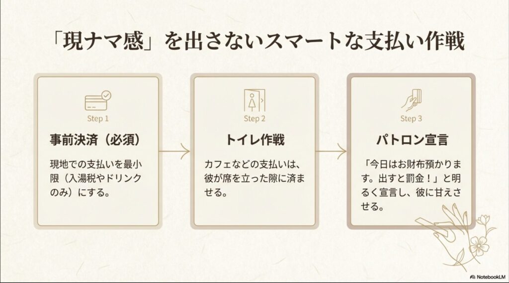 事前決済、トイレ作戦、パトロン宣言という、現地での「現ナマ感」を出さないための具体的な支払い方法を紹介するスライド