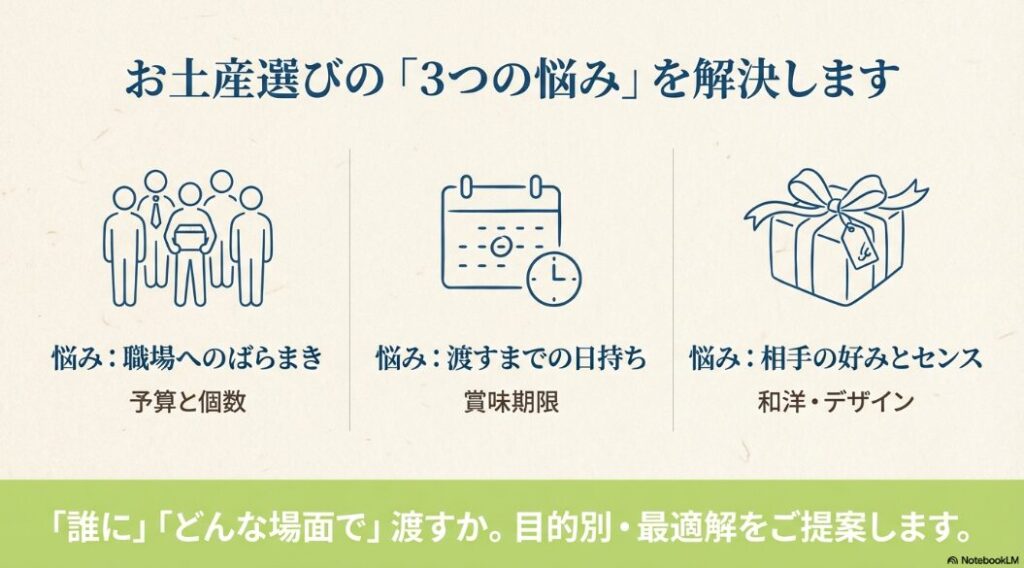 お土産選びの悩み（ばらまき・日持ち・センス）と解決策のアイコン