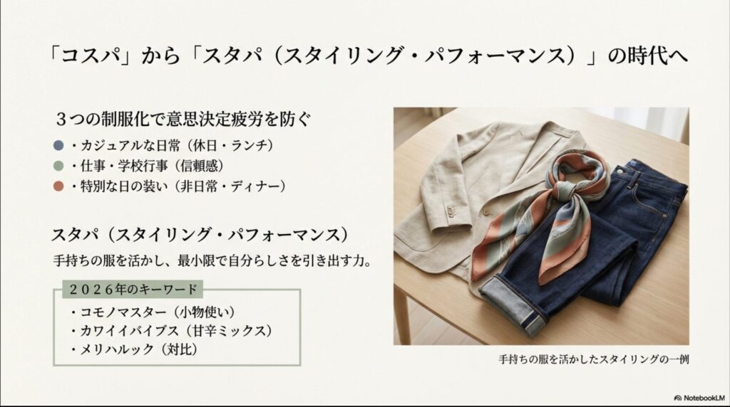 最小限で自分らしさを引き出す力「スタパ」の解説。カジュアル、仕事、特別な日の3つの制服化や、2026年のキーワードであるコモノマスター、カワイイバイブス、メリハルックについて紹介しています。